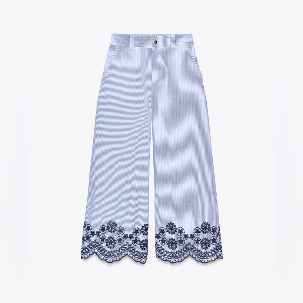 Zara striped embroidered wide leg pants culotte